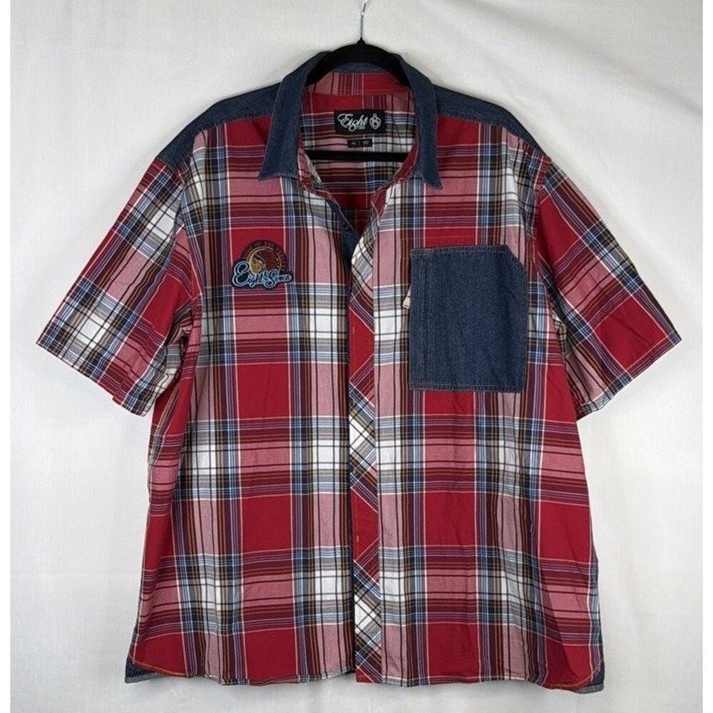Eight 732 Button-Up 4XL Red Cotton Embroidered Chest Patch Pocket Y2K HipHop